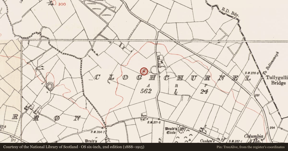Ordnance Survey six-inch map, 2nd edition (1888–1915) covering the location of Ringfort - rath, Cloghchurnel, County Longford, with a pin at the register's coordinates