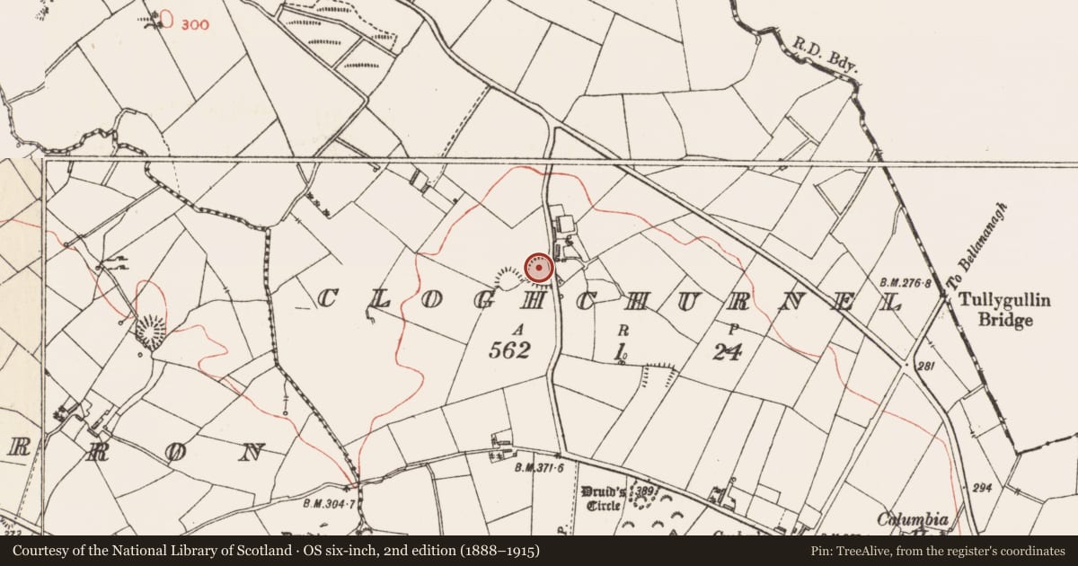 Ordnance Survey six-inch map, 2nd edition (1888–1915) covering the location of Ringfort - rath, Cloghchurnel, County Longford, with a pin at the register's coordinates