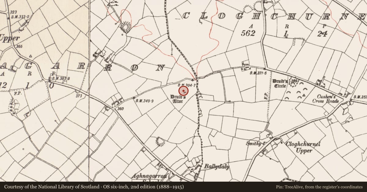 Ordnance Survey six-inch map, 2nd edition (1888–1915) covering the location of Megalithic tomb - unclassified, Aghnagarron, County Longford, with a pin at the register's coordinates