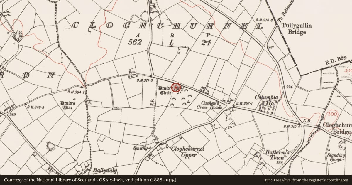 Ordnance Survey six-inch map, 2nd edition (1888–1915) covering the location of Stone circle, Cloghchurnel, County Longford, with a pin at the register's coordinates