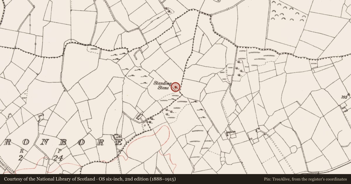 Ordnance Survey six-inch map, 2nd edition (1888–1915) covering the location of Standing stone, Cartronbore, County Longford, with a pin at the register's coordinates