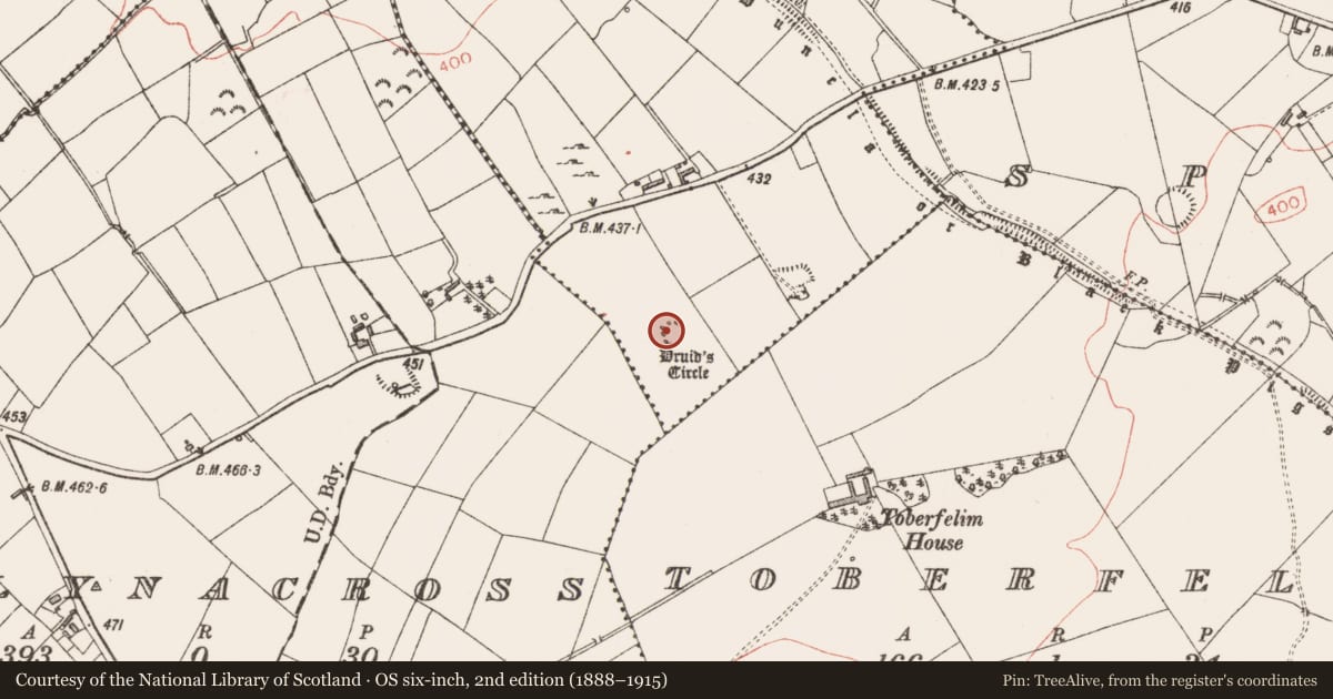 Ordnance Survey six-inch map, 2nd edition (1888–1915) covering the location of Stone circle, Cartronbore, County Longford, with a pin at the register's coordinates