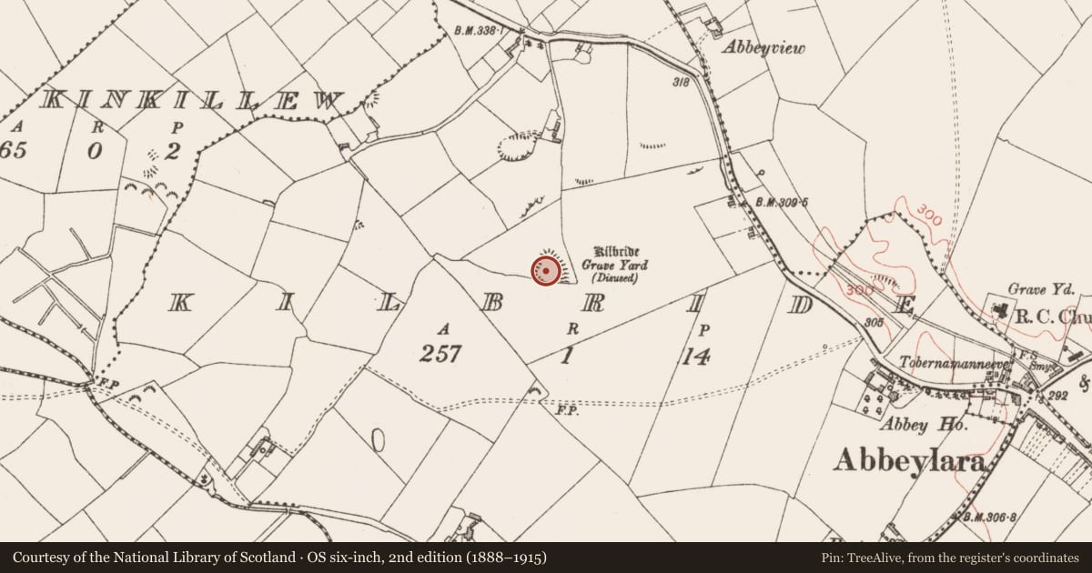 Ordnance Survey six-inch map, 2nd edition (1888–1915) covering the location of Graveyard, Kilbride, County Longford, with a pin at the register's coordinates