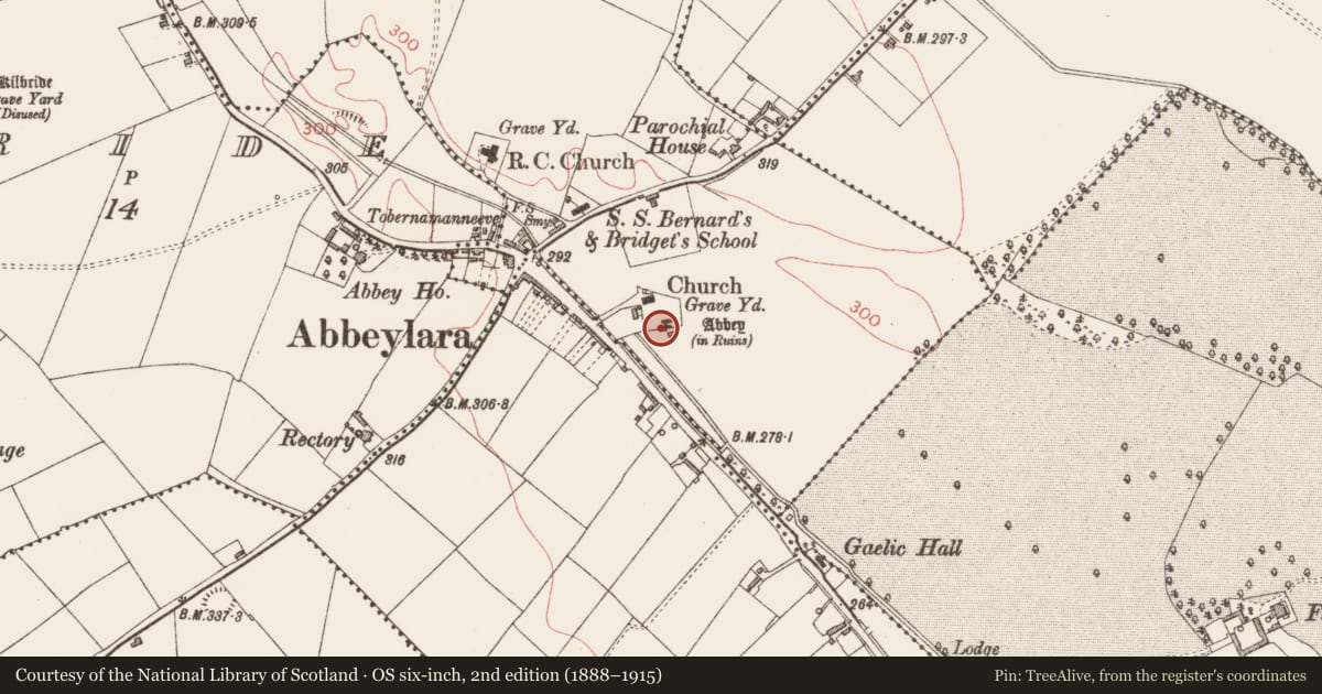 Ordnance Survey six-inch map, 2nd edition (1888–1915) covering the location of Sheela-na-gig, Abbeylara, County Longford, with a pin at the register's coordinates