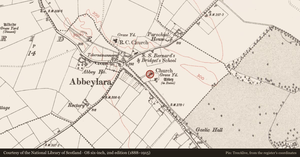 Ordnance Survey six-inch map, 2nd edition (1888–1915) covering the location of Church, Abbeylara, County Longford, with a pin at the register's coordinates