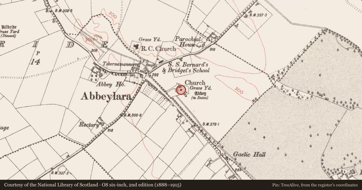 Ordnance Survey six-inch map, 2nd edition (1888–1915) covering the location of Graveyard, Abbeylara, County Longford, with a pin at the register's coordinates
