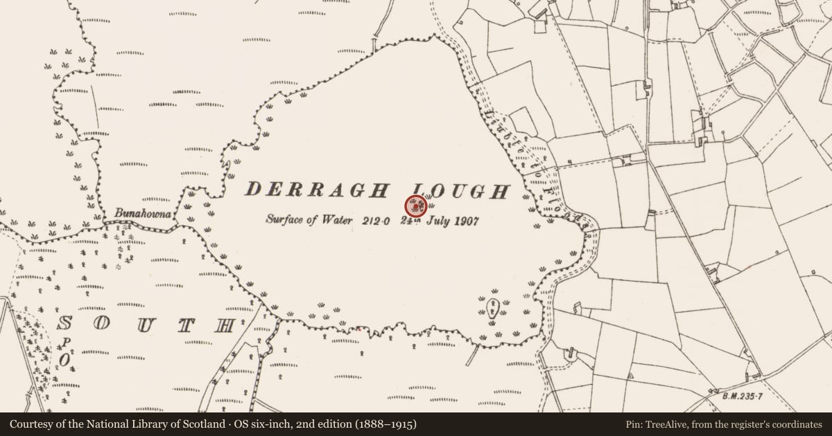 Ordnance Survey six-inch map, 2nd edition (1888–1915) covering the location of Crannog, Derragh Lough, County Longford, with a pin at the register's coordinates