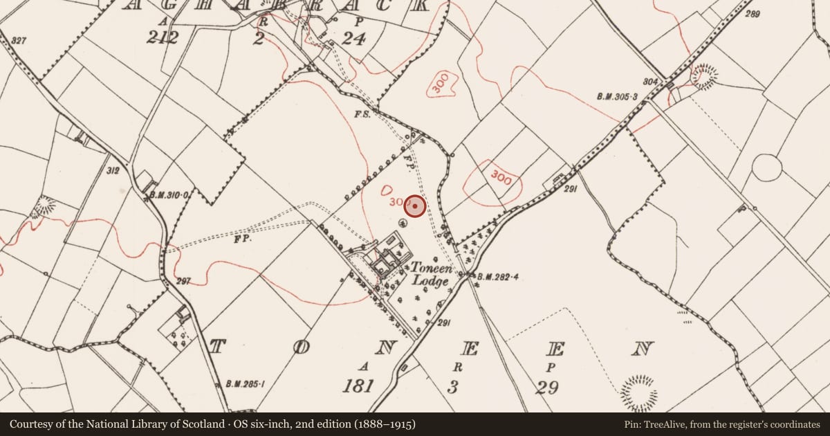 Ordnance Survey six-inch map, 2nd edition (1888–1915) covering the location of Earthwork, Toneen, County Longford, with a pin at the register's coordinates