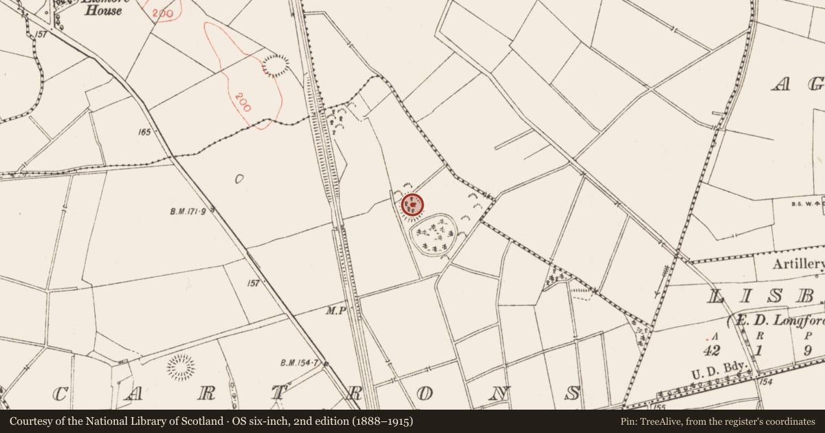 Ordnance Survey six-inch map, 2nd edition (1888–1915) covering the location of Ringfort - rath, Cartrons, County Longford, with a pin at the register's coordinates