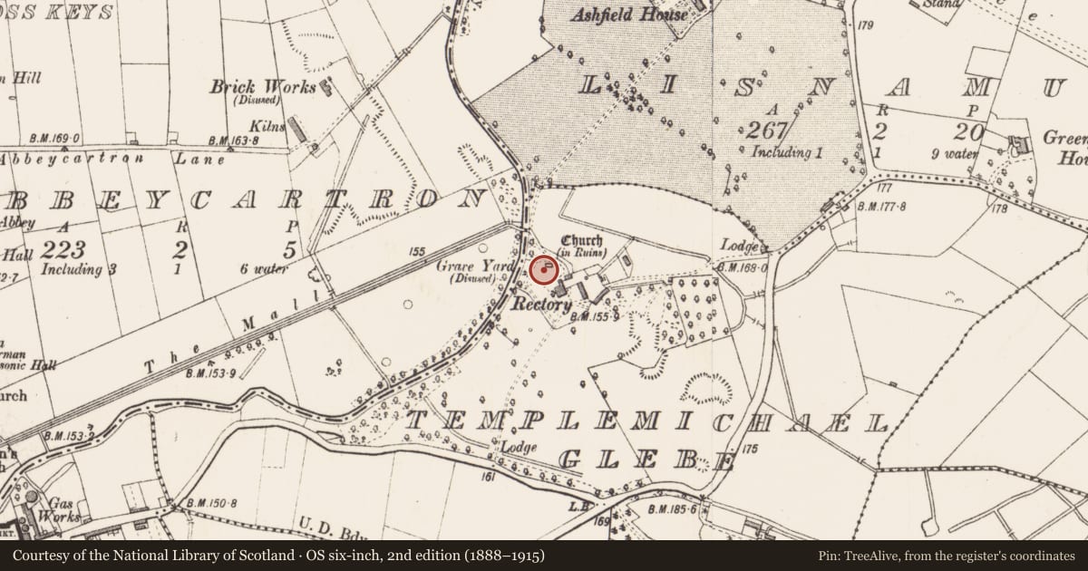 Ordnance Survey six-inch map, 2nd edition (1888–1915) covering the location of Church, Templemichael Glebe, County Longford, with a pin at the register's coordinates