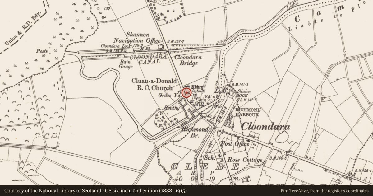 Ordnance Survey six-inch map, 2nd edition (1888–1915) covering the location of Church, Cloondara, County Longford, with a pin at the register's coordinates