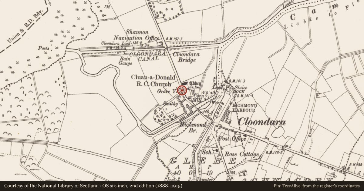 Ordnance Survey six-inch map, 2nd edition (1888–1915) covering the location of Cross-slab, Cloondara, County Longford, with a pin at the register's coordinates