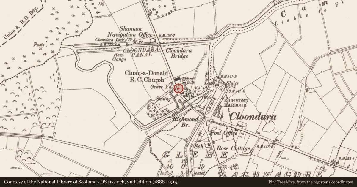 Ordnance Survey six-inch map, 2nd edition (1888–1915) covering the location of Graveyard, Cloondara, County Longford, with a pin at the register's coordinates