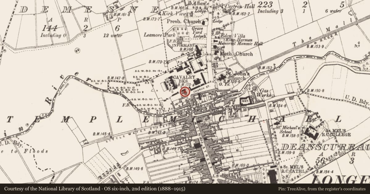Ordnance Survey six-inch map, 2nd edition (1888–1915) covering the location of Castle - tower house, Abbeycartron, County Longford, with a pin at the register's coordinates