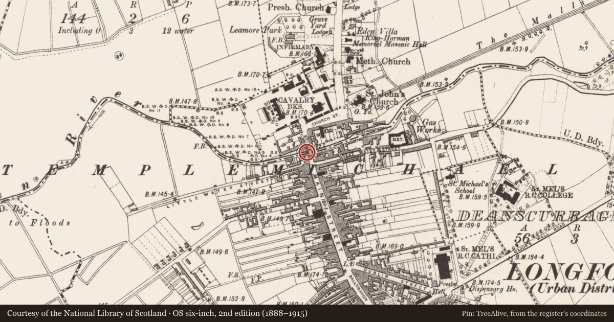 Ordnance Survey six-inch map, 2nd edition (1888–1915) covering the location of Bridge, Abbeycartron, Townparks, County Longford, with a pin at the register's coordinates