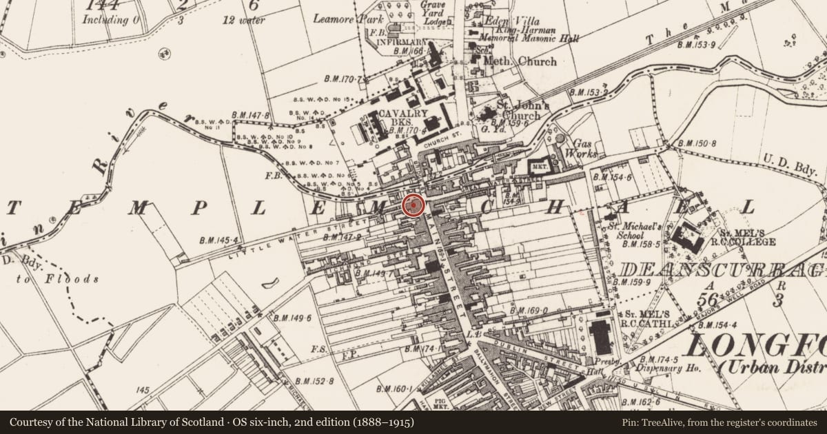 Ordnance Survey six-inch map, 2nd edition (1888–1915) covering the location of House - 17th century, Abbeycartron, County Longford, with a pin at the register's coordinates