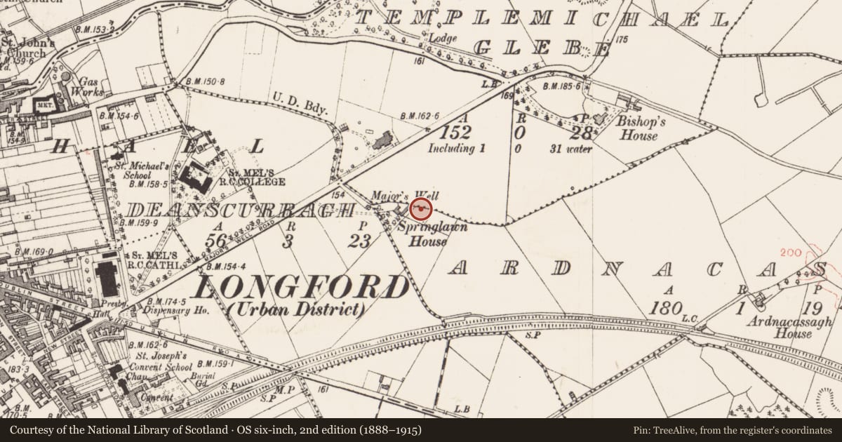 Ordnance Survey six-inch map, 2nd edition (1888–1915) covering the location of Ringfort - rath, Ardnacassagh, Templemichael Glebe, County Longford, with a pin at the register's coordinates
