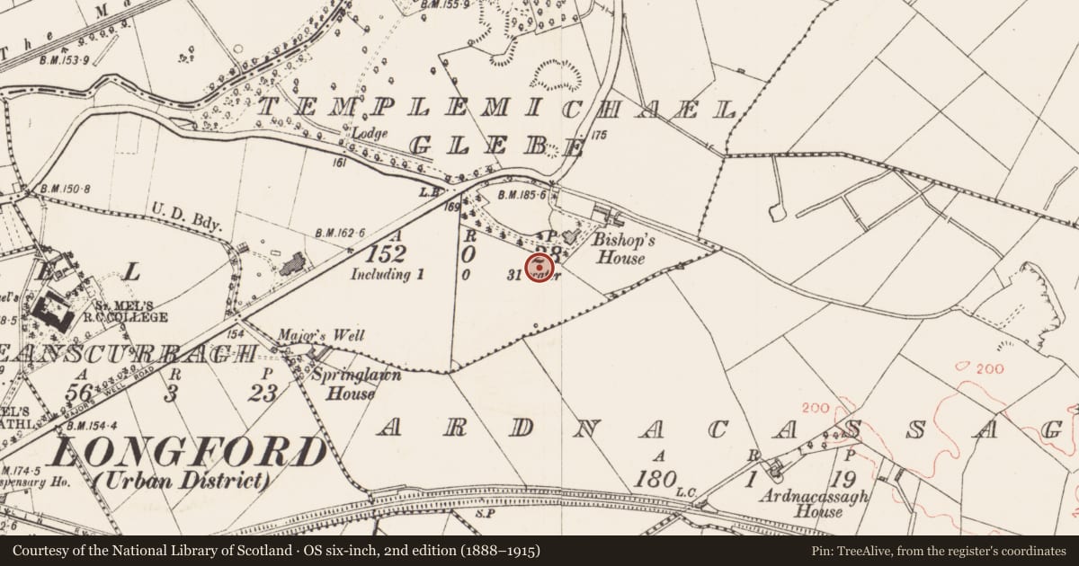 Ordnance Survey six-inch map, 2nd edition (1888–1915) covering the location of Ringfort - rath, Templemichael Glebe, County Longford, with a pin at the register's coordinates