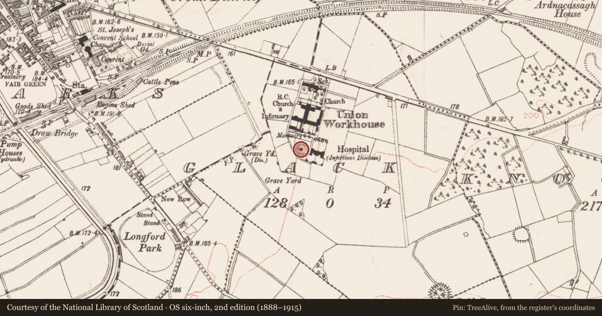 Ordnance Survey six-inch map, 2nd edition (1888–1915) covering the location of Ringfort - rath, Glack, County Longford, with a pin at the register's coordinates
