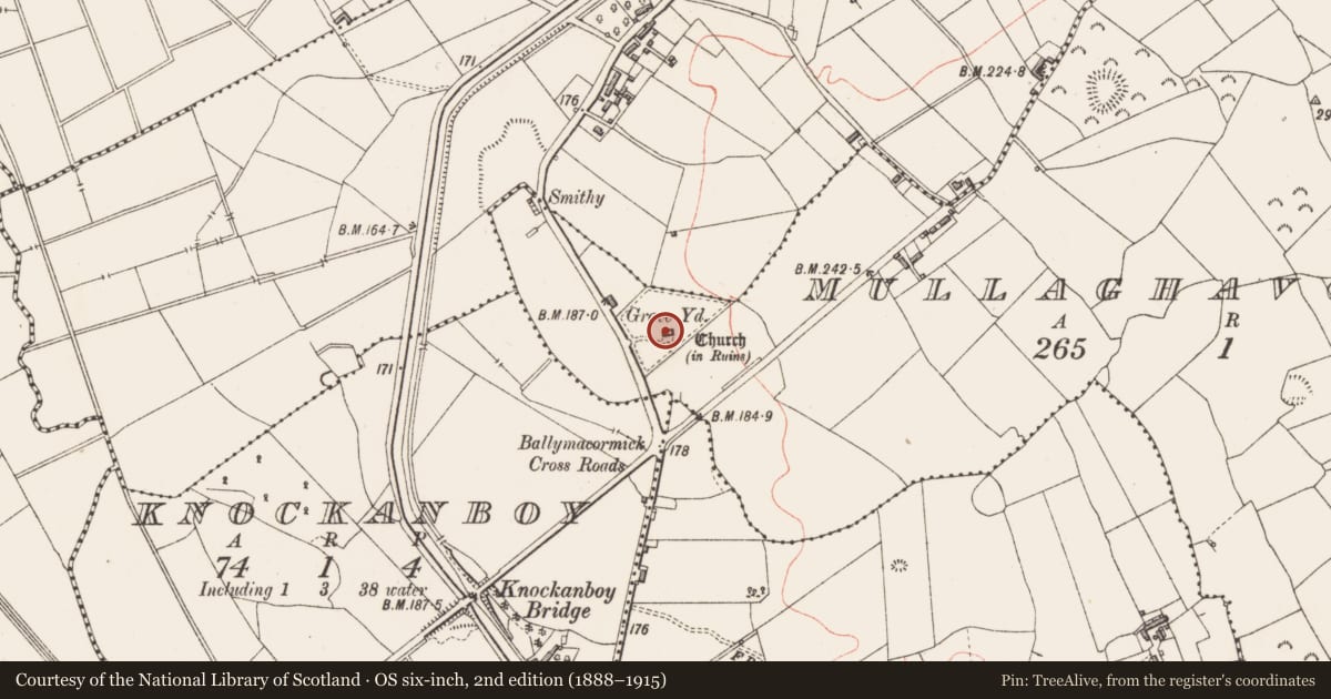 Ordnance Survey six-inch map, 2nd edition (1888–1915) covering the location of Church, Mullaghavorneen, County Longford, with a pin at the register's coordinates