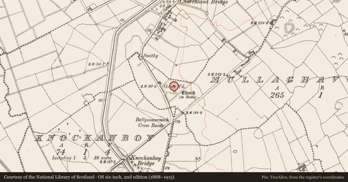 Ordnance Survey six-inch map, 2nd edition (1888–1915) covering the location of Graveyard, Mullaghavorneen, County Longford, with a pin at the register's coordinates