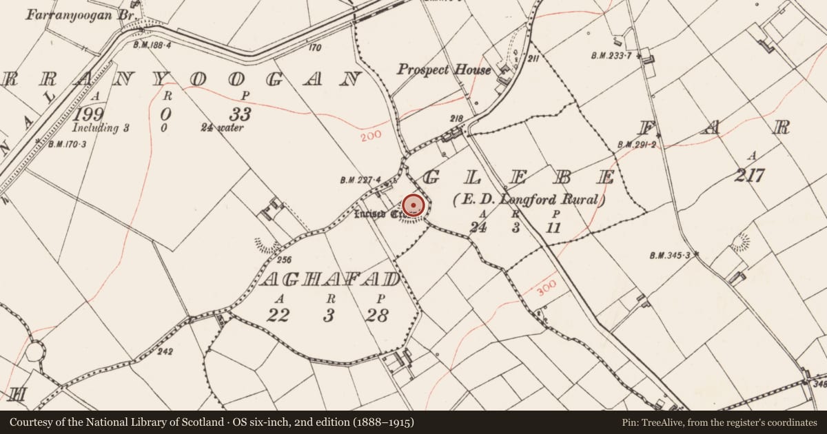 Ordnance Survey six-inch map, 2nd edition (1888–1915) covering the location of Ecclesiastical enclosure, Aghafad, County Longford, with a pin at the register's coordinates