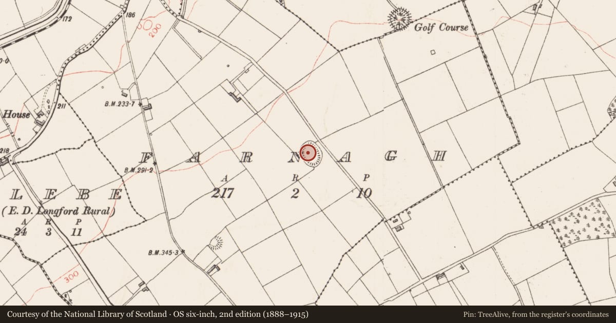 Ordnance Survey six-inch map, 2nd edition (1888–1915) covering the location of Ringfort - rath, Farnagh, County Longford, with a pin at the register's coordinates