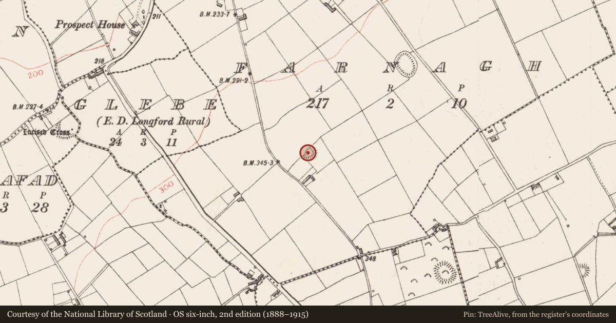 Ordnance Survey six-inch map, 2nd edition (1888–1915) covering the location of Ringfort - rath, Farnagh, County Longford, with a pin at the register's coordinates