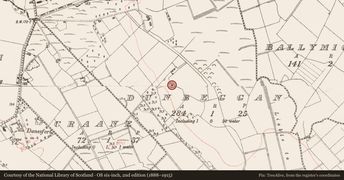 Ordnance Survey six-inch map, 2nd edition (1888–1915) covering the location of Ringfort - rath, Dunbeggan, County Longford, with a pin at the register's coordinates