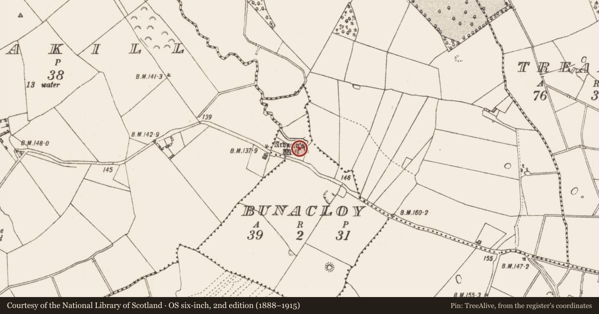 Ordnance Survey six-inch map, 2nd edition (1888–1915) covering the location of Ritual site - holy well, Bunacloy, County Longford, with a pin at the register's coordinates