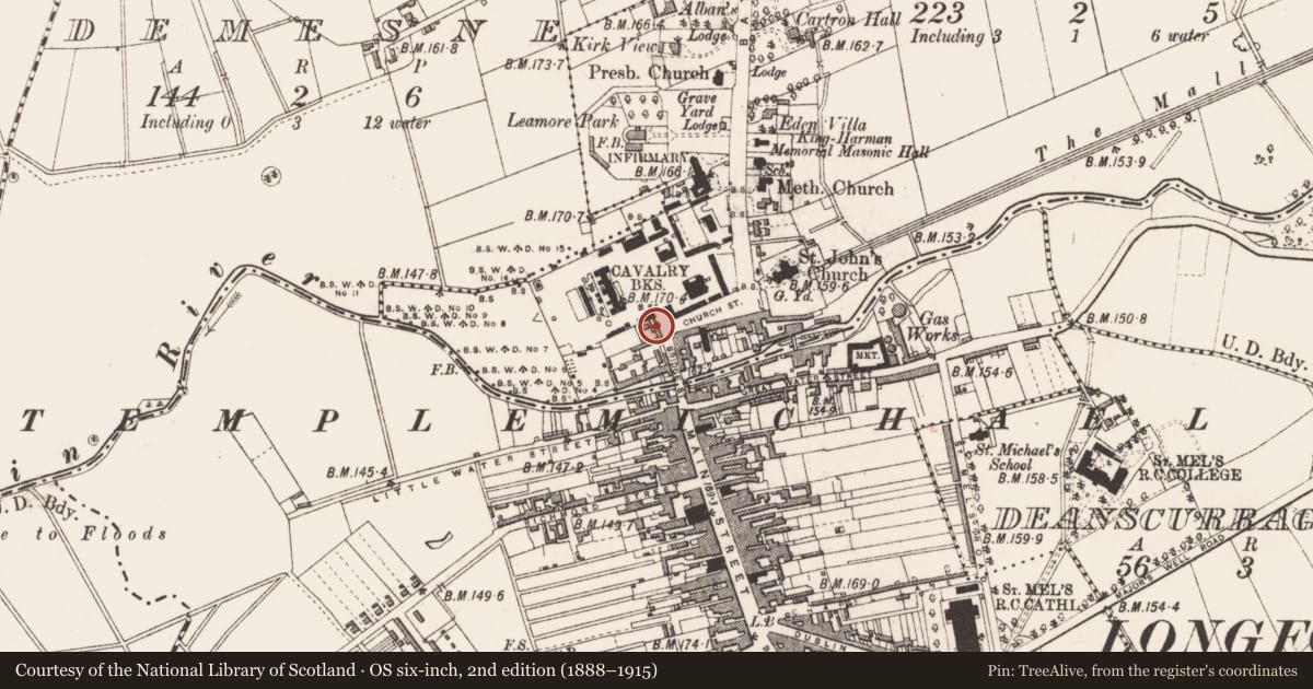 Ordnance Survey six-inch map, 2nd edition (1888–1915) covering the location of House - fortified house, Abbeycartron, County Longford, with a pin at the register's coordinates