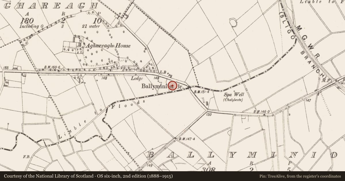 Ordnance Survey six-inch map, 2nd edition (1888–1915) covering the location of Fulacht fia, Aghareagh, County Longford, with a pin at the register's coordinates