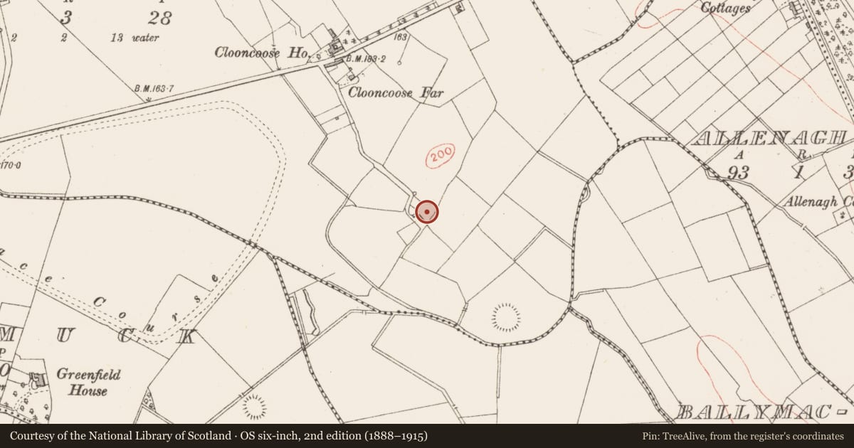 Ordnance Survey six-inch map, 2nd edition (1888–1915) covering the location of Ringfort - rath, Clooncoose, County Longford, with a pin at the register's coordinates