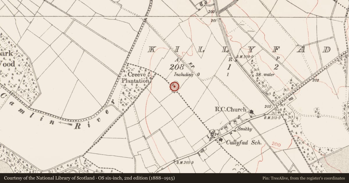 Ordnance Survey six-inch map, 2nd edition (1888–1915) covering the location of Moated site, Killyfad, Creeve, County Longford, with a pin at the register's coordinates