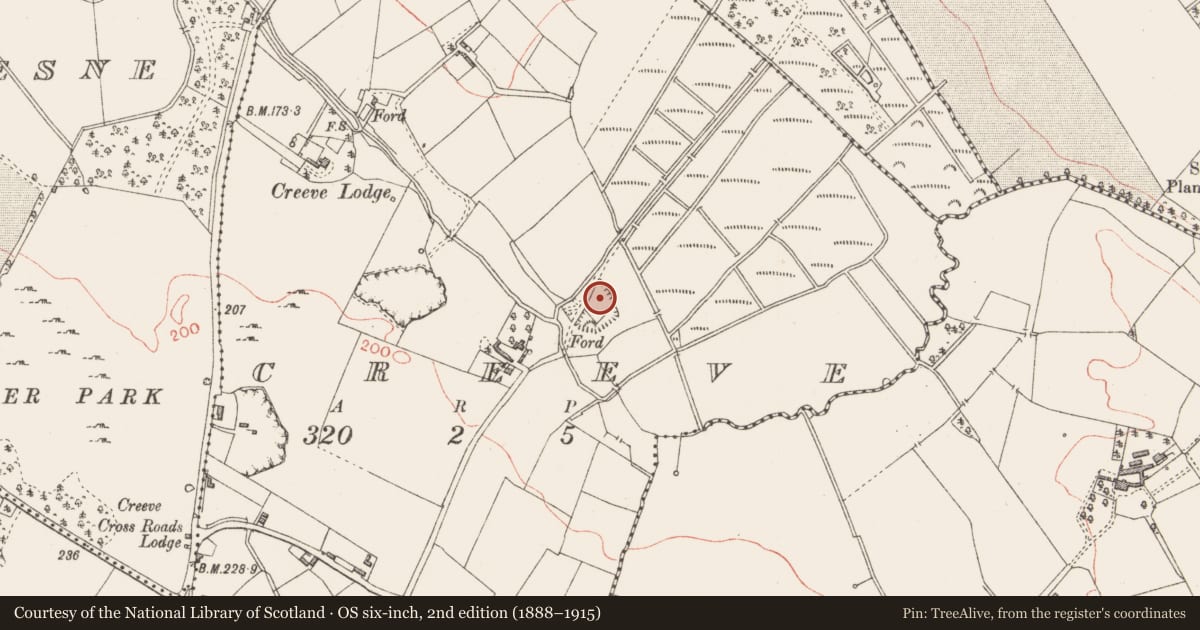 Ordnance Survey six-inch map, 2nd edition (1888–1915) covering the location of Moated site, Creeve, County Longford, with a pin at the register's coordinates