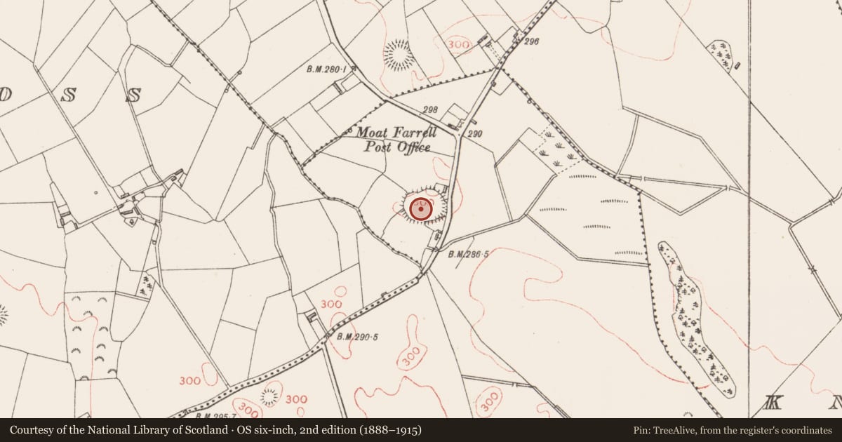Ordnance Survey six-inch map, 2nd edition (1888–1915) covering the location of Enclosure, Moatfarrell, County Longford, with a pin at the register's coordinates