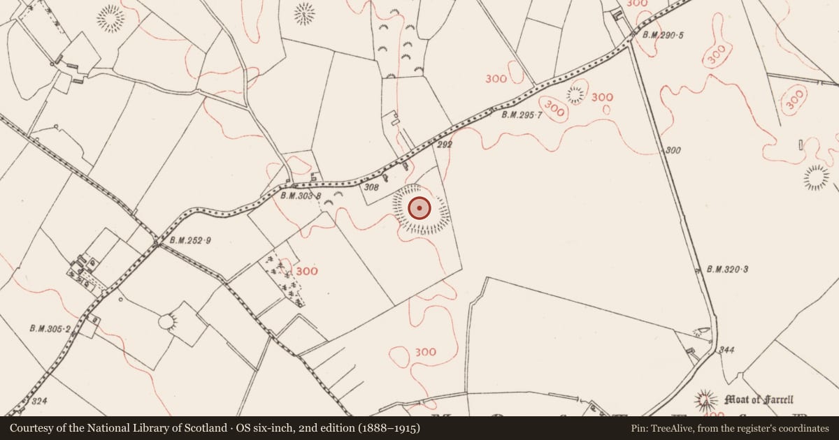 Ordnance Survey six-inch map, 2nd edition (1888–1915) covering the location of Enclosure, Moatfarrell, County Longford, with a pin at the register's coordinates