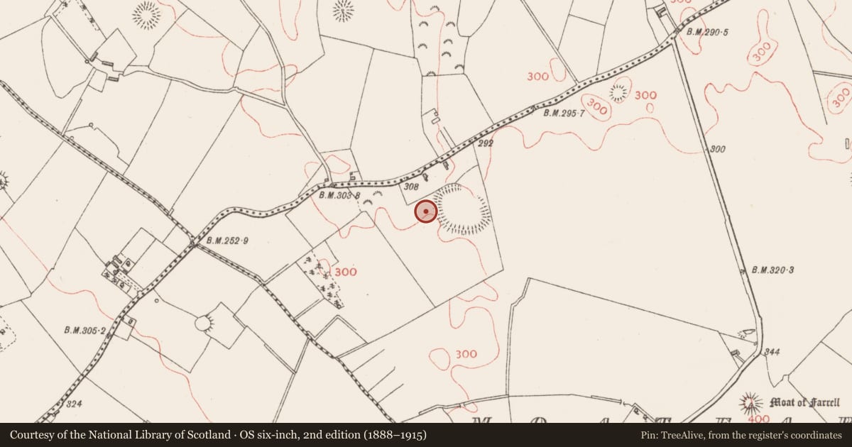 Ordnance Survey six-inch map, 2nd edition (1888–1915) covering the location of Enclosure, Moatfarrell, County Longford, with a pin at the register's coordinates