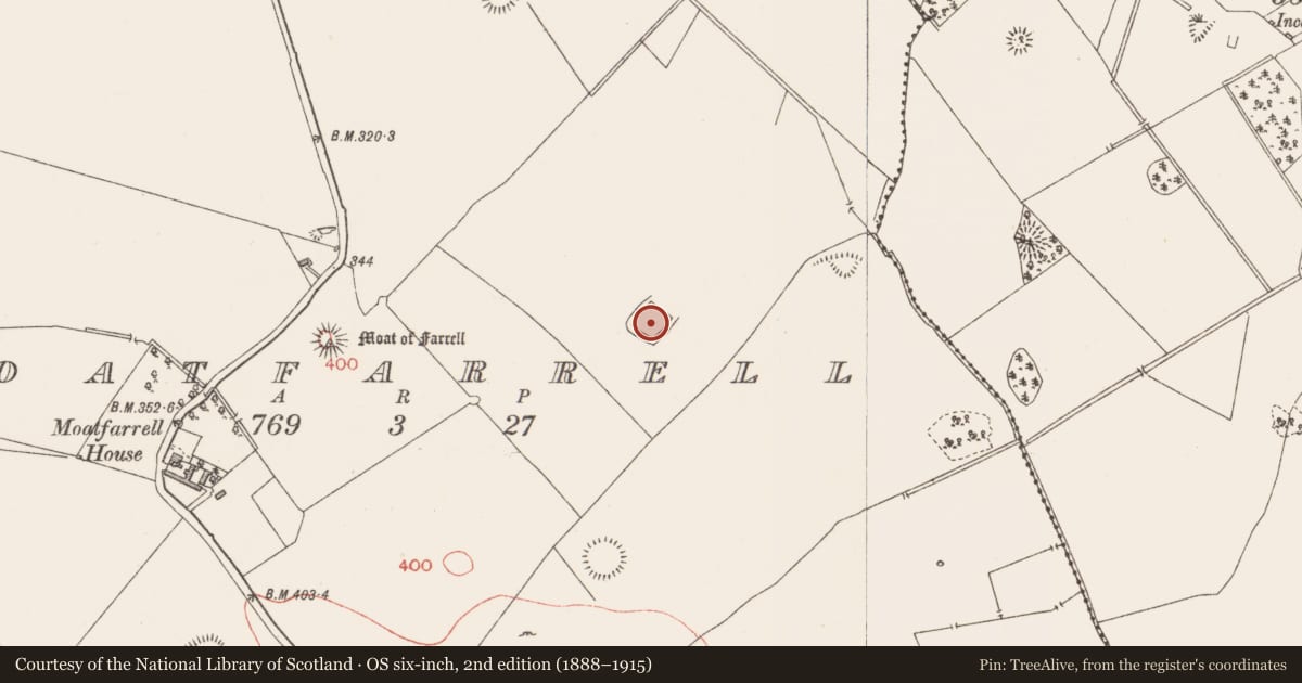 Ordnance Survey six-inch map, 2nd edition (1888–1915) covering the location of Moated site, Moatfarrell, County Longford, with a pin at the register's coordinates