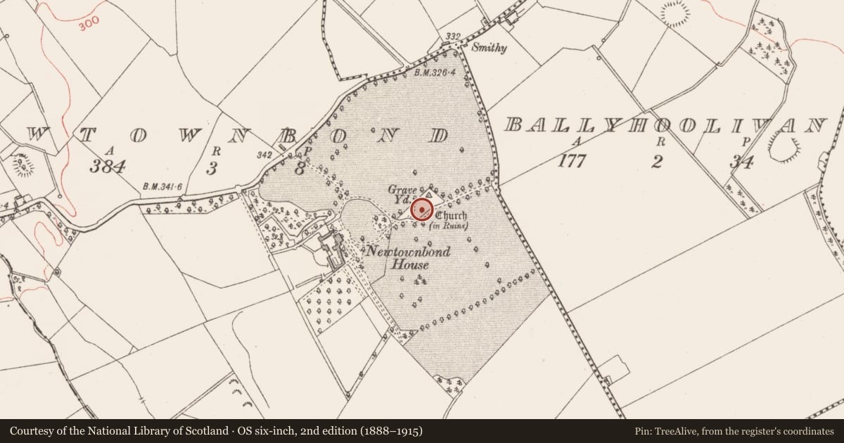 Ordnance Survey six-inch map, 2nd edition (1888–1915) covering the location of Church, Newtownbond, County Longford, with a pin at the register's coordinates