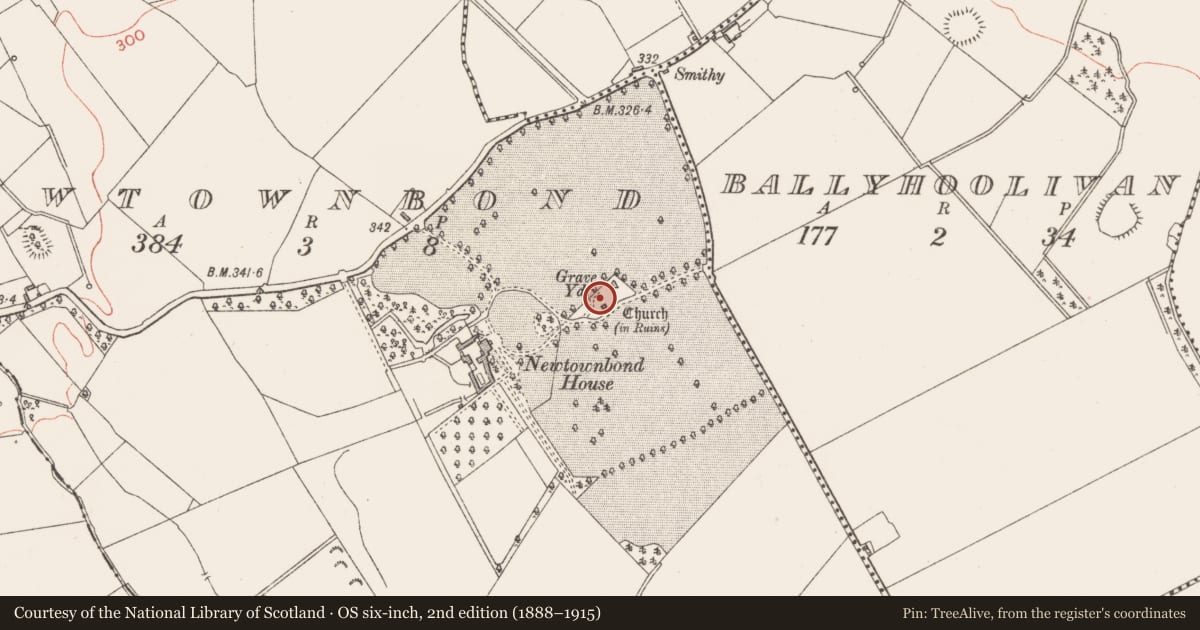 Ordnance Survey six-inch map, 2nd edition (1888–1915) covering the location of Graveyard, Newtownbond, County Longford, with a pin at the register's coordinates