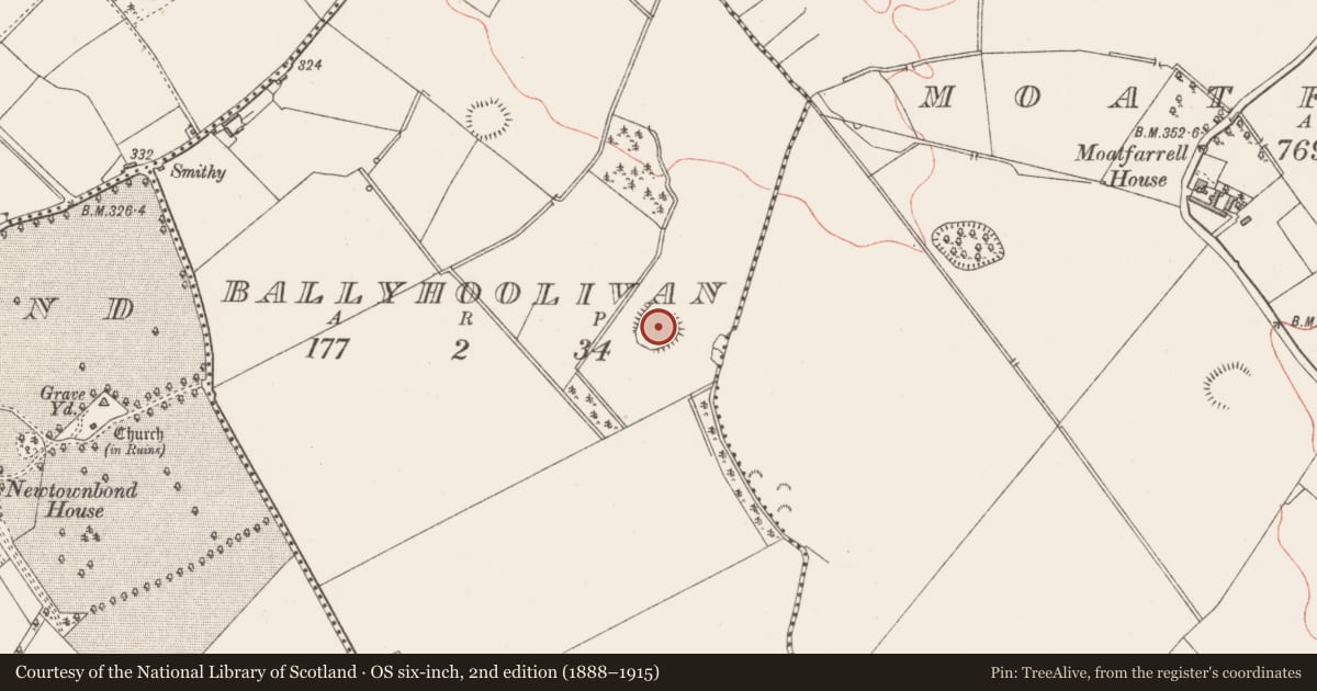 Ordnance Survey six-inch map, 2nd edition (1888–1915) covering the location of Ringfort - rath, Ballyhoolivan, County Longford, with a pin at the register's coordinates