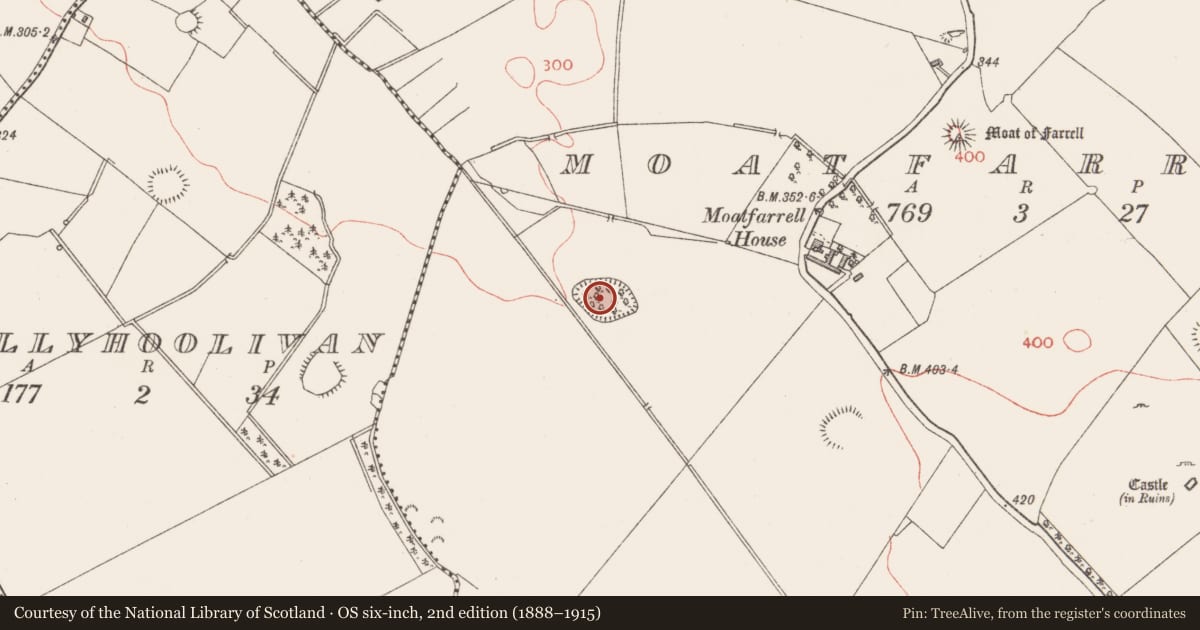 Ordnance Survey six-inch map, 2nd edition (1888–1915) covering the location of Designed landscape - tree-ring, Moatfarrell, County Longford, with a pin at the register's coordinates