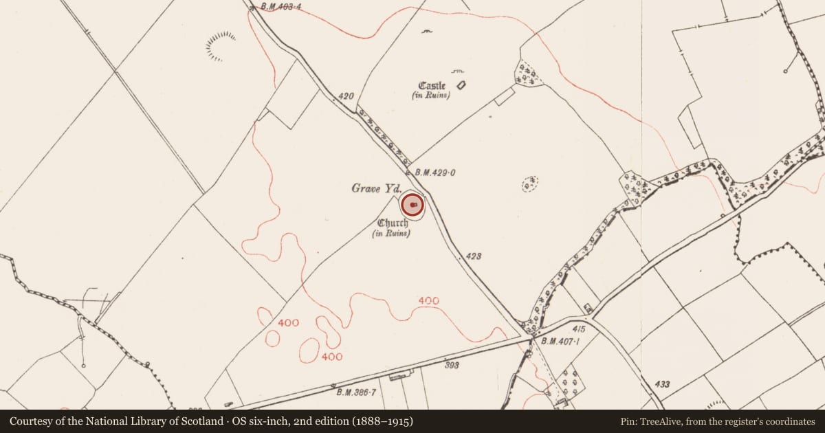 Ordnance Survey six-inch map, 2nd edition (1888–1915) covering the location of Church, Moatfarrell, County Longford, with a pin at the register's coordinates