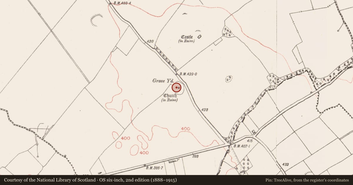 Ordnance Survey six-inch map, 2nd edition (1888–1915) covering the location of Ecclesiastical enclosure, Moatfarrell, County Longford, with a pin at the register's coordinates