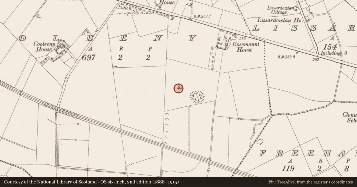 Ordnance Survey six-inch map, 2nd edition (1888–1915) covering the location of Barrow - mound barrow, Cooleeny, County Longford, with a pin at the register's coordinates