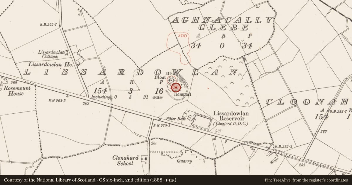 Ordnance Survey six-inch map, 2nd edition (1888–1915) covering the location of Bawn, Lissardowlan, County Longford, with a pin at the register's coordinates