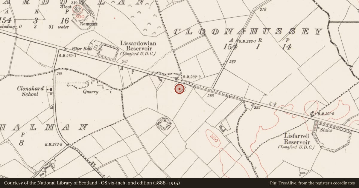 Ordnance Survey six-inch map, 2nd edition (1888–1915) covering the location of Ringfort - rath, Cloonahard, County Longford, with a pin at the register's coordinates