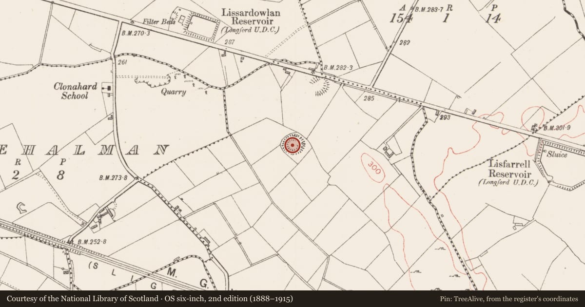 Ordnance Survey six-inch map, 2nd edition (1888–1915) covering the location of Souterrain, Cloonahard, County Longford, with a pin at the register's coordinates