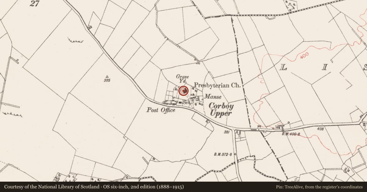Ordnance Survey six-inch map, 2nd edition (1888–1915) covering the location of Church, Corboy, County Longford, with a pin at the register's coordinates